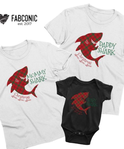 Baby Shark Plaid Christmas Shirts, Daddy Shark, Mommy Shark, Family Shirts