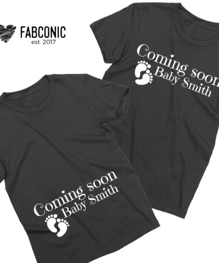 Custom Pregnancy Reveal Shirts, Coming Soon Baby Name