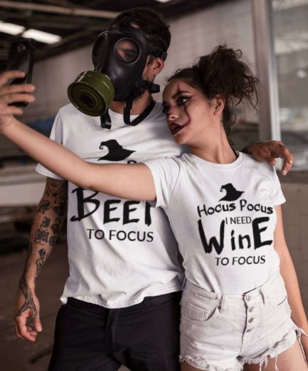 Funny Halloween Couple Shirts, Hocus Pocus I need Beer I need Wine