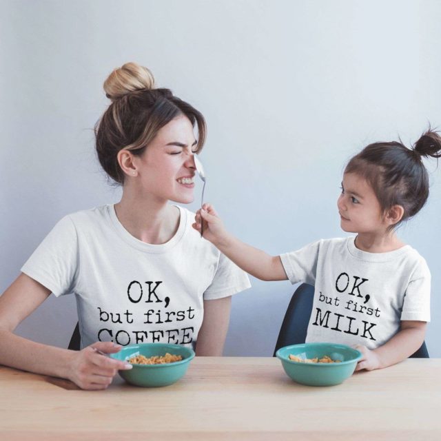 Ok but First Coffee Ok but First Milk, Mother & Kid Shirts