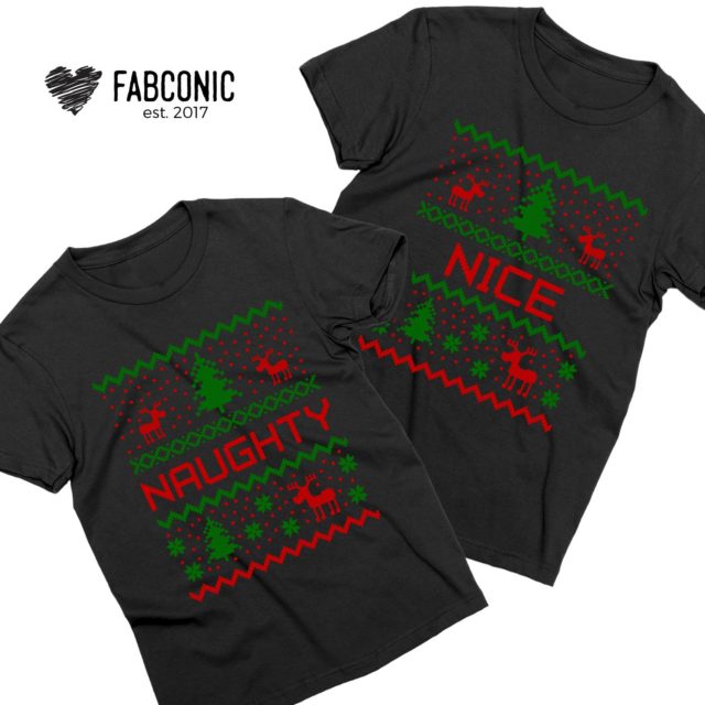 Naughty Nice Christmas Shirts, Christmas Pixels, Couple Shirts