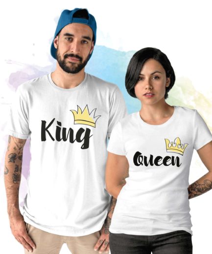 Couple T-Shirt Floral Crown King Queen Love Matching Summer Unisex